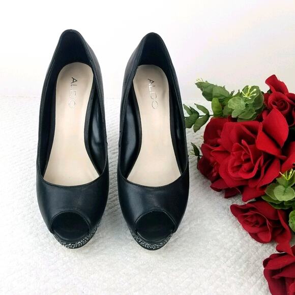 Aldo Platform Stiletto Pumps Size 8.5 Black Leather Rhinestones Peep Almond Toe - Picture 14 of 16